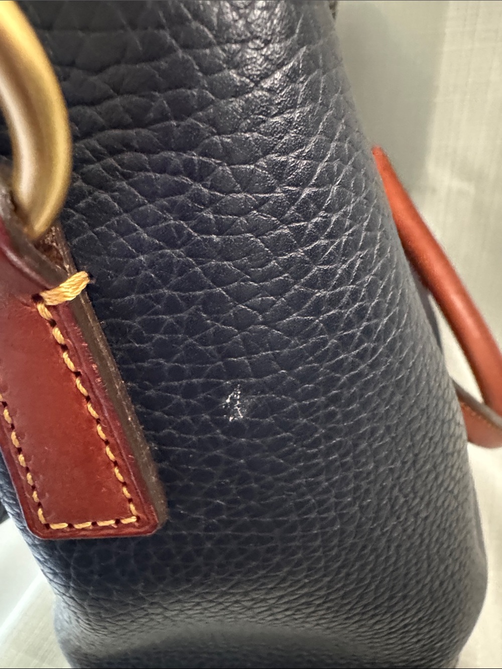 Dooney & Bourke Navy Pebble Leather Tote with Brown Handles and Gold Hardware - Picture 5 of 8